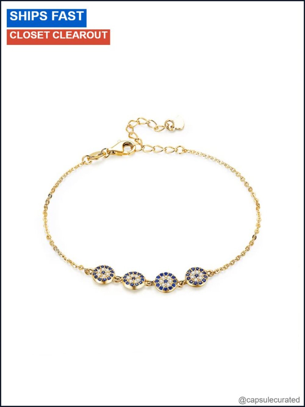 14K Gold Over 925 Silver Moissanite Evil Eye Bracelet Adjustable Charm Chain